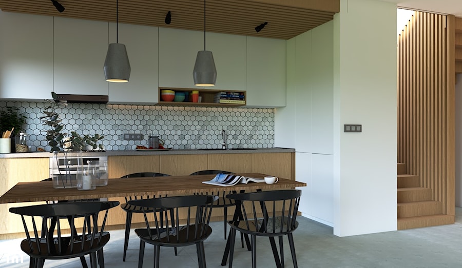 Projekt wnętrza domu w Knurowie - Średnia otwarta z kamiennym blatem biała szara z zabudowaną lodówką z podblatowym zlewozmywakiem kuchnia jednorzędowa z oknem, styl skandynawski - zdjęcie od MOM_Project