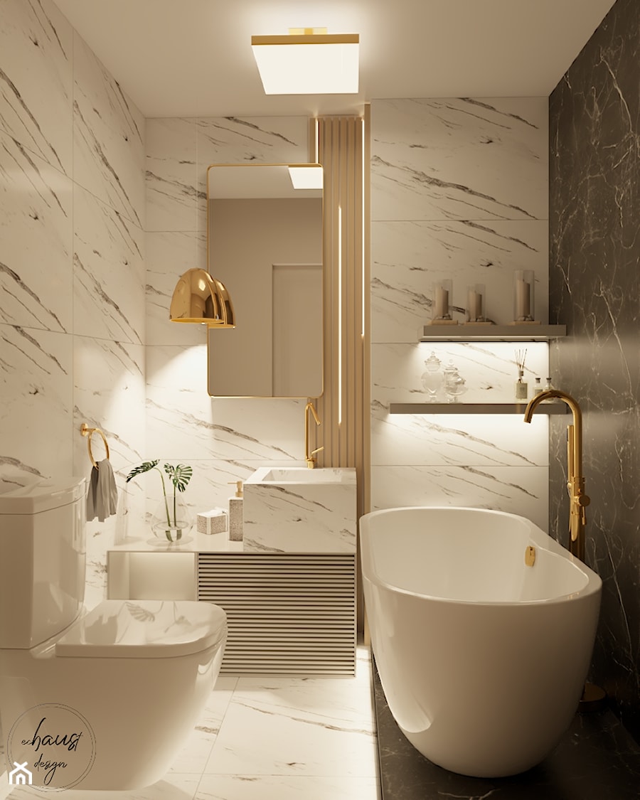 Łazienka w stylu nowoczesnym z płytkami imitującymi marmur i złotą armaturą - zdjęcie od Echaust Design - Studio Projektowania Wnętrz