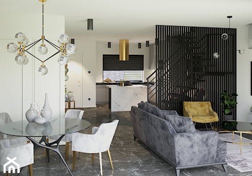 Salon z dekoracyjnymi panelami drewnianymi i tapetą - zdjęcie od Echaust Design - Studio Projektowania Wnętrz