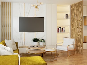 Ściana TV z elementami dekoracyjnego drewna i marmuru - zdjęcie od Echaust Design - Studio Projektowania Wnętrz