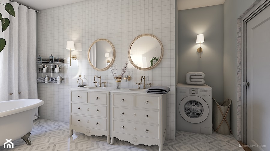 Wizualizacja łazienki nr2. - Średnia z pralką / suszarką z dwoma umywalkami łazienka z oknem, styl glamour - zdjęcie od pamw.atelier