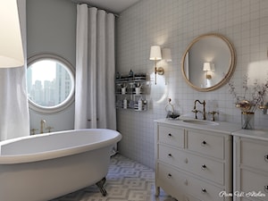 Wizualizacja łazienki nr2. - Mała z lustrem z dwoma umywalkami łazienka z oknem, styl glamour - zdjęcie od pamw.atelier