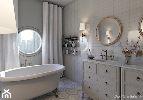 Wizualizacja łazienki nr2. - Mała z lustrem z dwoma umywalkami łazienka z oknem, styl glamour - zdjęcie od pamw.atelier