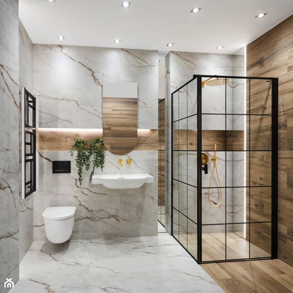 Aranżacja szarej łazienki z drewnem - zdjęcie od Salon HOFF - Homebook