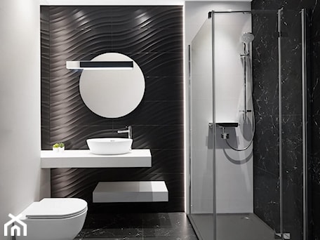 Aranżacje wnętrz - Łazienka: Czarno-biała łazienka z prysznicem i płytkami 3D - Salon HOFF. Przeglądaj, dodawaj i zapisuj najlepsze zdjęcia, pomysły i inspiracje designerskie. W bazie mamy już prawie milion fotografii!