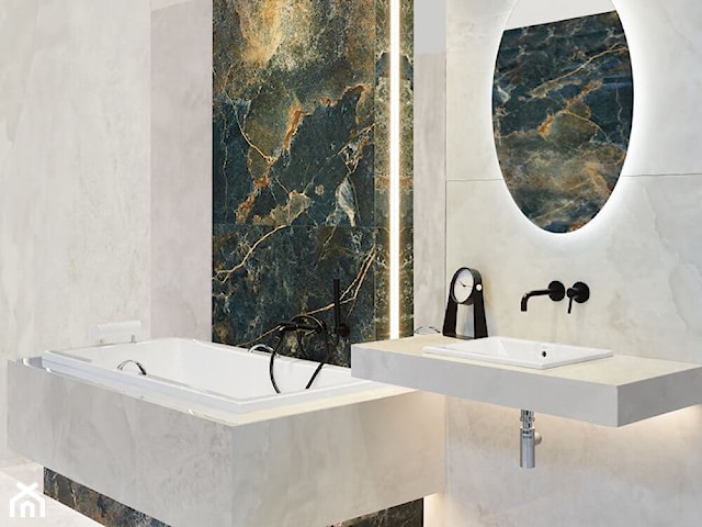 Perłowo zielona łazienka w kamieniu | Salon HOFF 