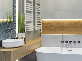 Szara łazienka z niebieską jodełką i drewnem | Salon HOFF 