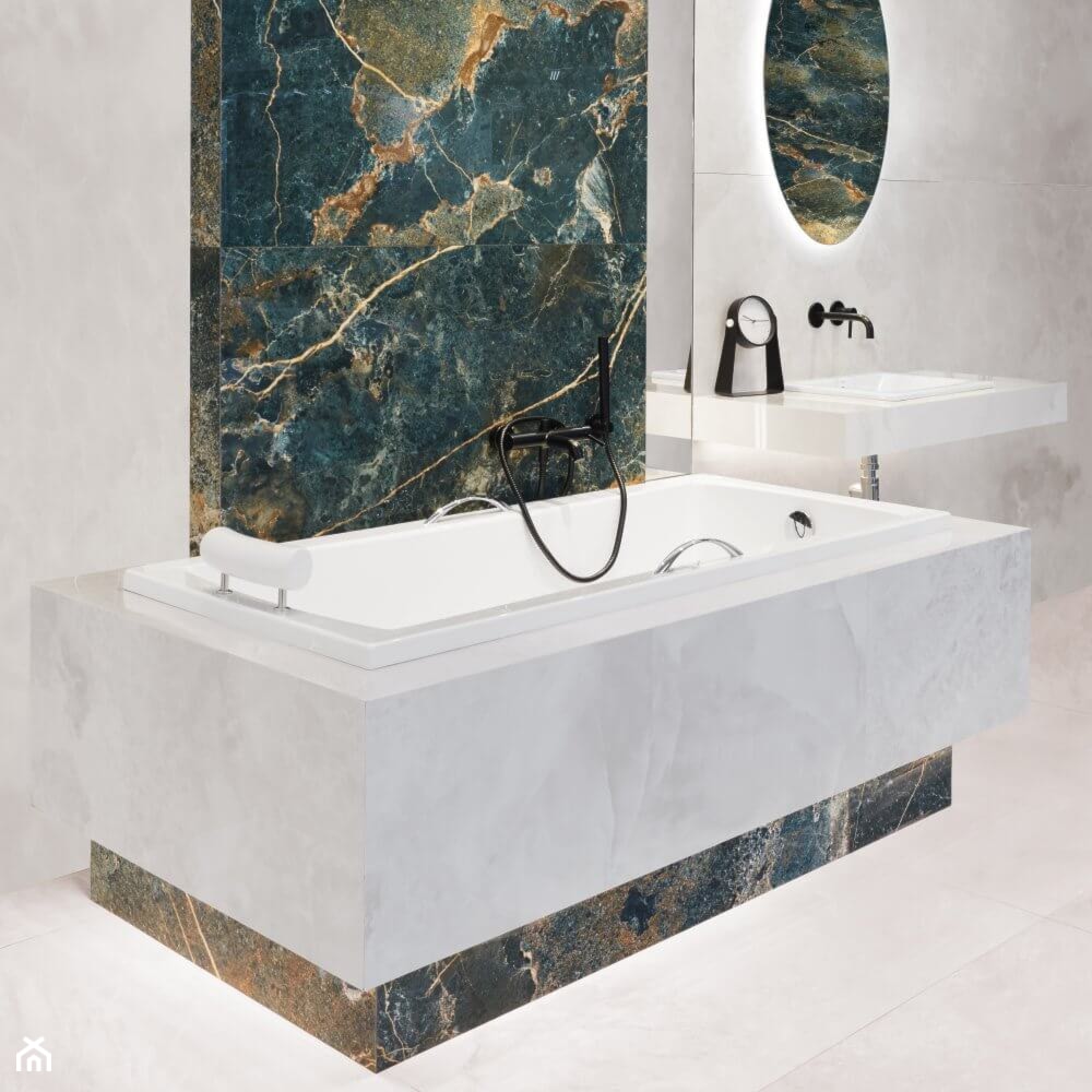 Perłowo zielona łazienka w kamieniu - zdjęcie od Salon HOFF - Homebook