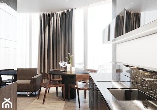 Mieszkanie w Rzeszowie - Średnia otwarta z salonem biała czarna z zabudowaną lodówką z podblatowym zlewozmywakiem kuchnia dwurzędowa z oknem, styl nowoczesny - zdjęcie od S.W.STUDIO