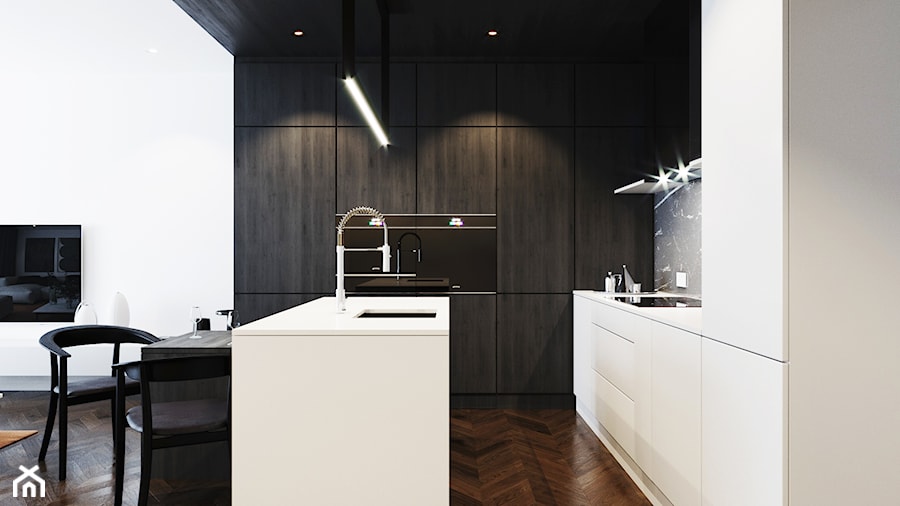 Mieszkanie w Warszawie - Mała otwarta z salonem biała szara z zabudowaną lodówką z podblatowym zlewozmywakiem kuchnia w kształcie litery u, styl nowoczesny - zdjęcie od S.W.STUDIO