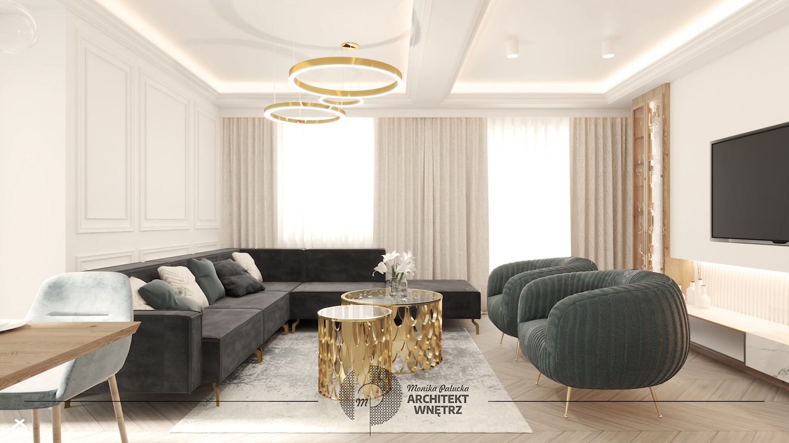 Parter domu w złocie i sztukaterii - Duży biały salon z jadalnią, styl glamour - zdjęcie od Monika Pałucka Architekt Wnętrz - Homebook