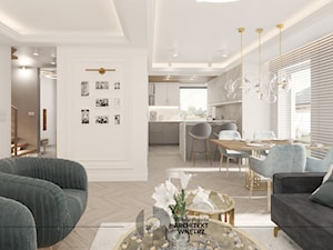 Parter domu w złocie i sztukaterii - Duży biały salon z kuchnią z jadalnią, styl glamour - zdjęcie od Monika Pałucka Architekt Wnętrz