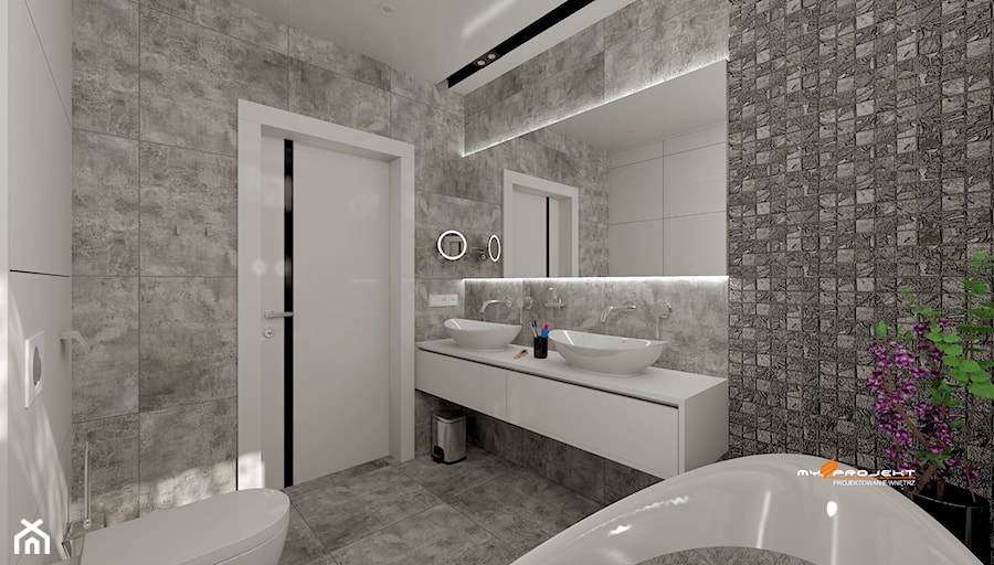 Projekt łazienki w Nowym Dworze Mazowieckim - Średnia bez okna z lustrem z dwoma umywalkami z punktowym oświetleniem łazienka, styl glamour - zdjęcie od Mysprojekt Marek Myszkowski