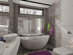 Projekt łazienki w Nowym Dworze Mazowieckim - Średnia z lustrem z dwoma umywalkami z punktowym oświetleniem łazienka z oknem, styl nowoczesny - zdjęcie od Mysprojekt Marek Myszkowski