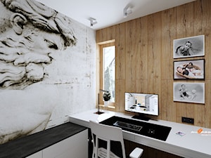 Projekt biura w Legionowie - Małe w osobnym pomieszczeniu z zabudowanym biurkiem szare z fotografiami na ścianie biuro, styl skandynawski - zdjęcie od Mysprojekt Marek Myszkowski