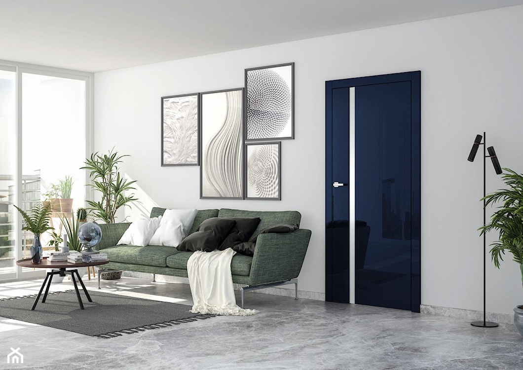 salon nowoczesny, salon z sofą, niebieskie drzwi