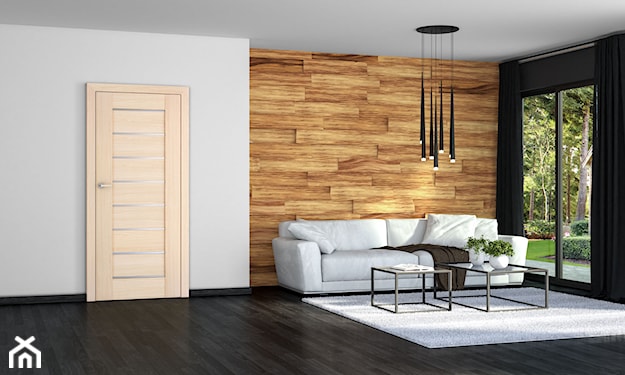 eklektyczny salon z drewnem na ścianie