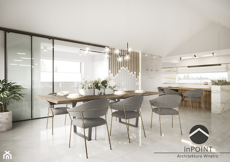Z widokiem na las - Duża biała jadalnia w kuchni, styl glamour - zdjęcie od inPOINT Architektura Wnętrz