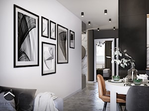 Mieszkanie Kraków Podgórze - Mały biały czarny salon z jadalnią, styl nowoczesny - zdjęcie od inPOINT Architektura Wnętrz