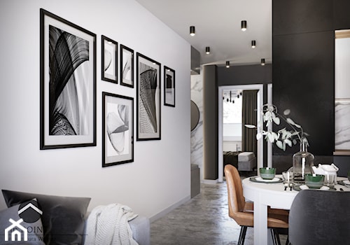Mieszkanie Kraków Podgórze - Mały biały czarny salon z jadalnią, styl nowoczesny - zdjęcie od inPOINT Architektura Wnętrz