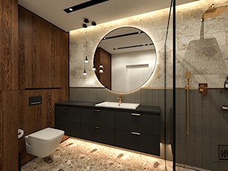 Elegancka łazienka z ciemnym drewnem