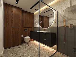 Elegancka łazienka z ciemnym drewnem