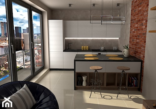 Mieszkanie loftowe - kawalerka - Średnia otwarta z salonem beżowa z zabudowaną lodówką z nablatowym zlewozmywakiem kuchnia dwurzędowa, styl industrialny - zdjęcie od GProjekt studio projektowania wnętrz
