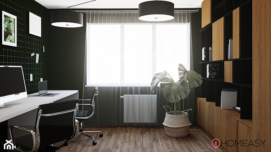 Taste of Wood & Grey - Średnie w osobnym pomieszczeniu z zabudowanym biurkiem czarne zielone biuro, styl nowoczesny - zdjęcie od Homeasy