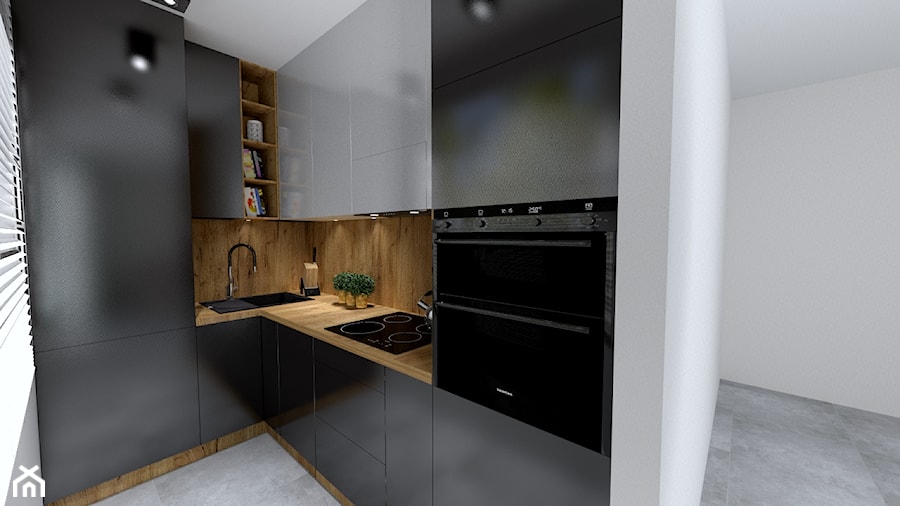 Kuchnia - Mała otwarta biała z zabudowaną lodówką z nablatowym zlewozmywakiem kuchnia w kształcie litery l z oknem - zdjęcie od k.deerstyle