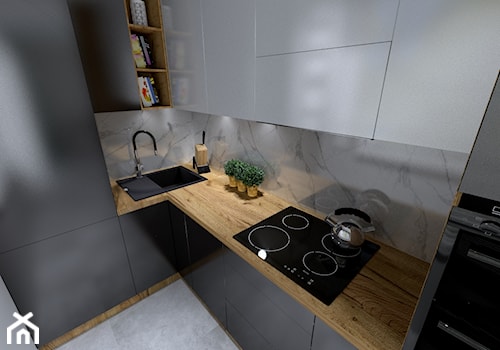 Kuchnia - Średnia zamknięta szara z zabudowaną lodówką z nablatowym zlewozmywakiem kuchnia w kształcie litery l z marmurem nad blatem kuchennym - zdjęcie od k.deerstyle