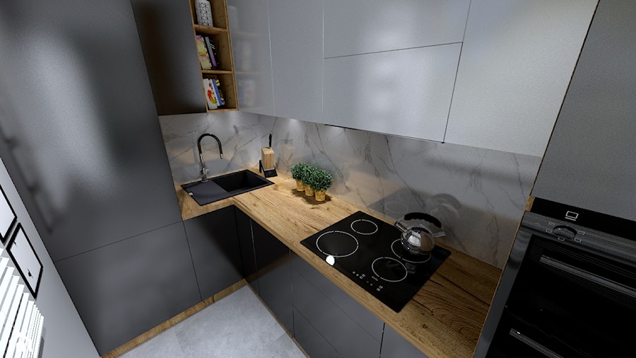 Kuchnia - Średnia zamknięta szara z zabudowaną lodówką z nablatowym zlewozmywakiem kuchnia w kształcie litery l z marmurem nad blatem kuchennym - zdjęcie od k.deerstyle