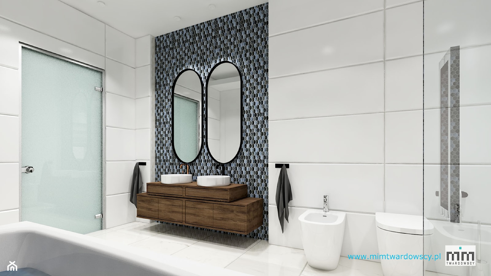 KROP łazienka z piękna mozaiką :) - Średnia bez okna z lustrem z dwoma umywalkami z punktowym oświetleniem łazienka, styl nowoczesny - zdjęcie od mimtwardowscy - Homebook