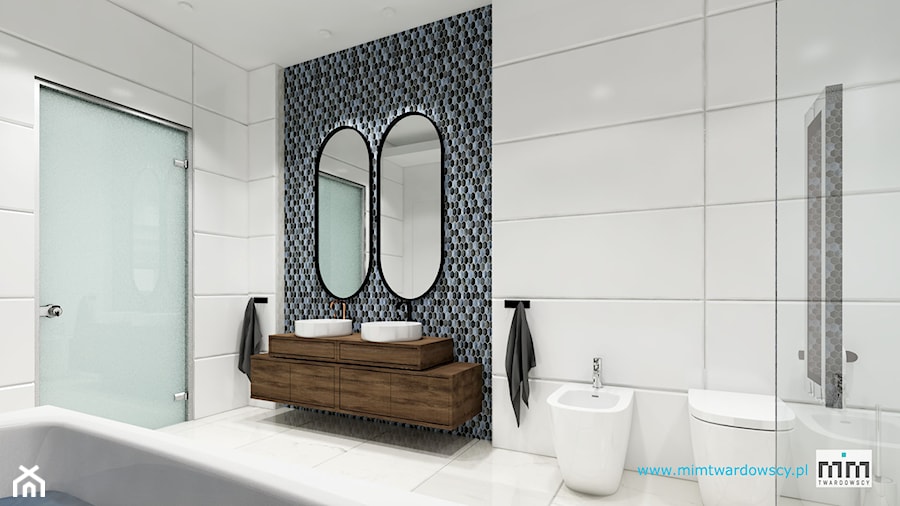 KROP łazienka z piękna mozaiką :) - Średnia bez okna z lustrem z dwoma umywalkami z punktowym oświetleniem łazienka, styl nowoczesny - zdjęcie od mimtwardowscy