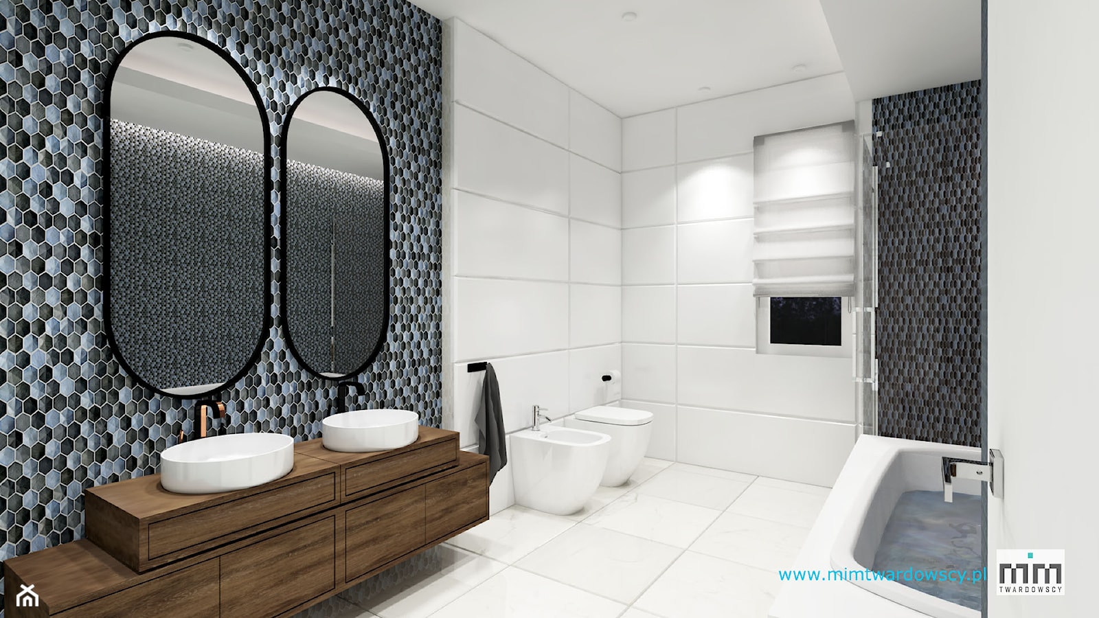 KROP łazienka z piękna mozaiką :) - Średnia bez okna z dwoma umywalkami z punktowym oświetleniem łazienka, styl nowoczesny - zdjęcie od mimtwardowscy - Homebook