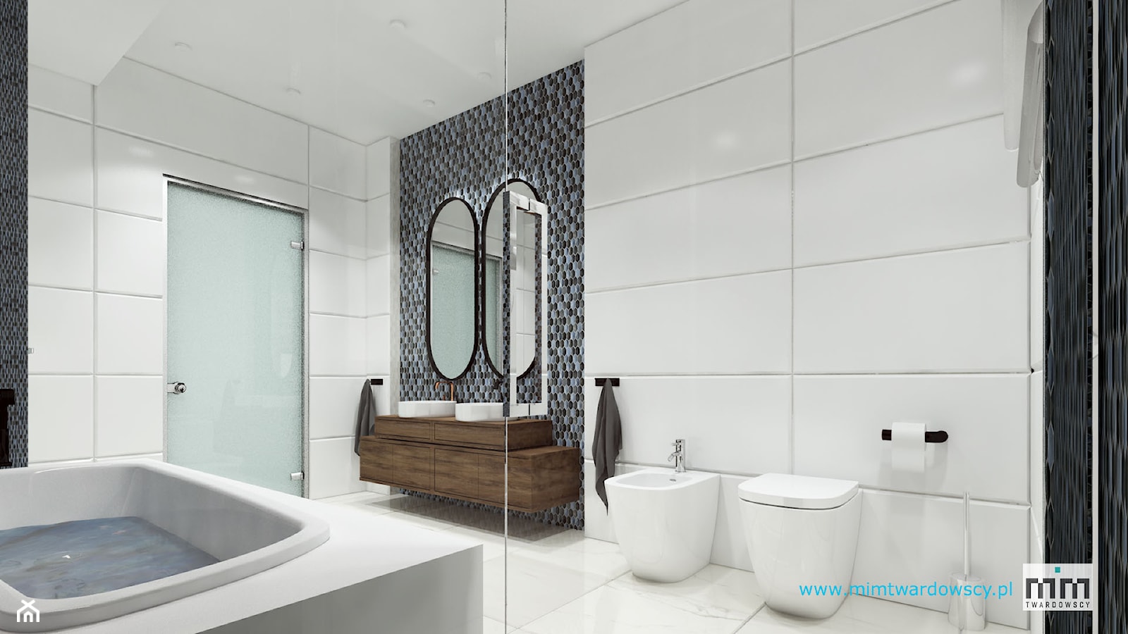 KROP łazienka z piękna mozaiką :) - Średnia z dwoma umywalkami z punktowym oświetleniem łazienka z oknem, styl nowoczesny - zdjęcie od mimtwardowscy - Homebook
