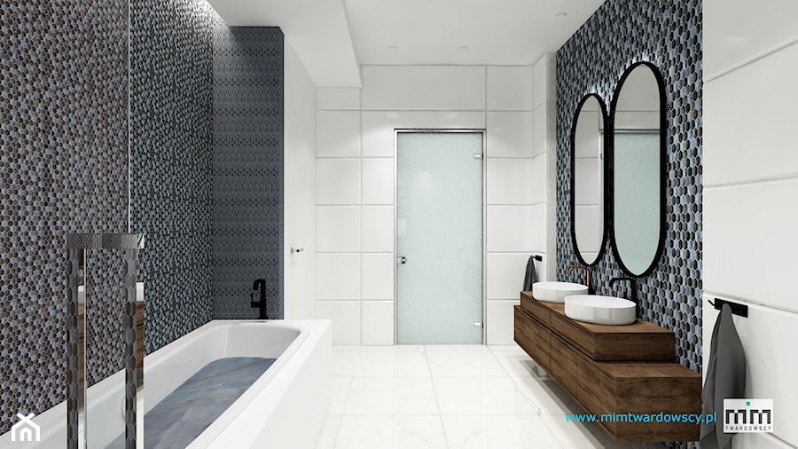 KROP łazienka z piękna mozaiką :) - Średnia bez okna z dwoma umywalkami z punktowym oświetleniem łazienka, styl nowoczesny - zdjęcie od mimtwardowscy