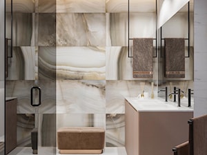 Średnia bez okna z lustrem z dwoma umywalkami z punktowym oświetleniem łazienka, styl minimalistyczny - zdjęcie od Sublime studio