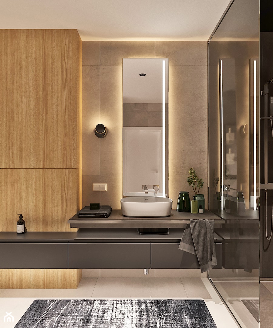 Średnia bez okna z lustrem z punktowym oświetleniem łazienka, styl minimalistyczny - zdjęcie od Sublime studio