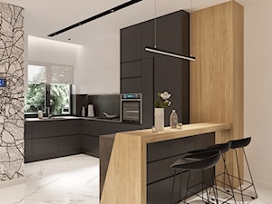 Średnia otwarta z salonem biała czarna z zabudowaną lodówką z nablatowym zlewozmywakiem kuchnia w kształcie litery u z oknem z kompozytem na ścianie nad blatem kuchennym, styl minimalistyczny - zdjęcie od Sublime studio