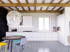 Belki rustykalne - Duża otwarta z salonem z kamiennym blatem biała czarna z zabudowaną lodówką z podblatowym zlewozmywakiem kuchnia jednorzędowa, styl rustykalny - zdjęcie od MARBET DESIGN