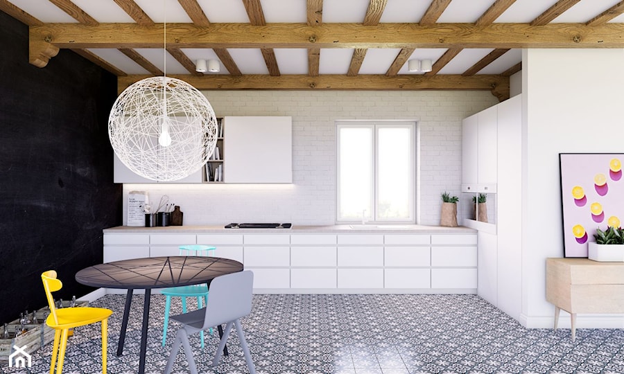 Belki rustykalne - Duża otwarta z salonem z kamiennym blatem biała czarna z zabudowaną lodówką z podblatowym zlewozmywakiem kuchnia jednorzędowa, styl rustykalny - zdjęcie od MARBET DESIGN