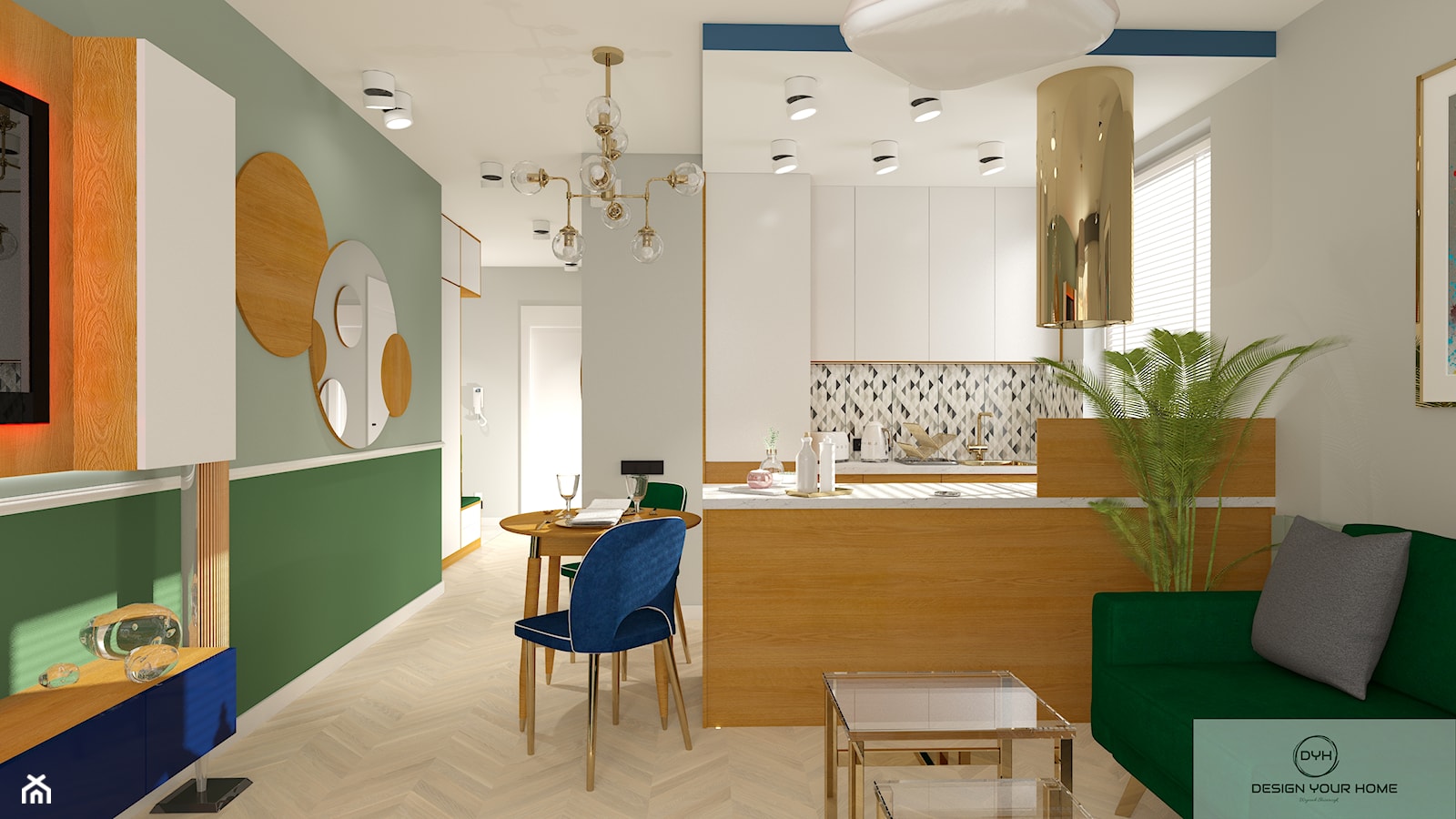 Mieszkanie 56 m2 - dwa pokoje + salon z aneksem kuchennym + taras - Średnia otwarta z salonem z kamiennym blatem szara z zabudowaną lodówką kuchnia dwurzędowa z oknem, styl nowoczesny - zdjęcie od DESIGNYOURHOME - Homebook