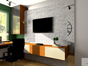 Domowe Biuro - Średnie w osobnym pomieszczeniu z sofą z zabudowanym biurkiem białe szare zielone biuro, styl nowoczesny - zdjęcie od DESIGNYOURHOME