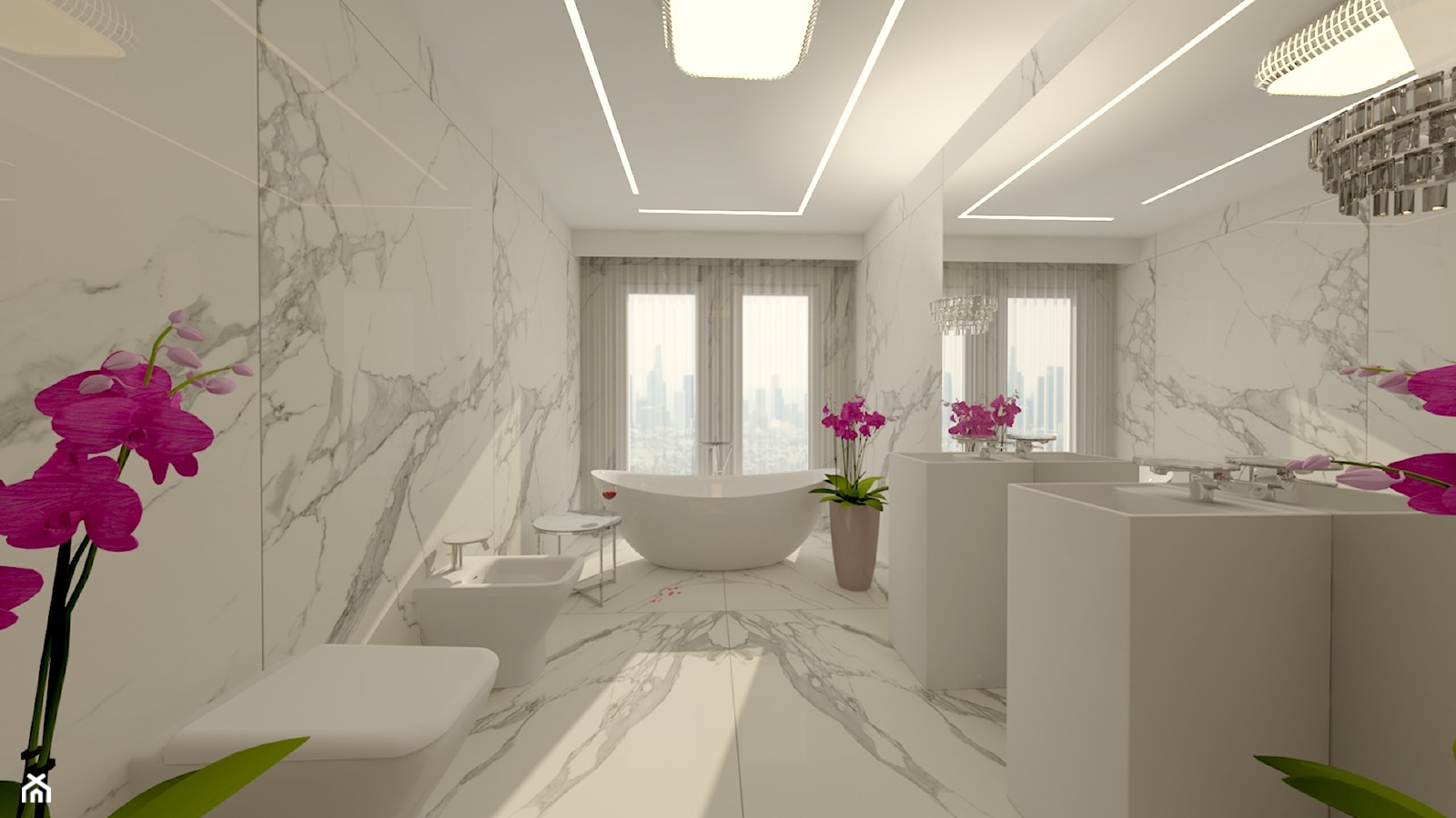 Pokój Kąpielowy - Duża z lustrem z dwoma umywalkami z marmurową podłogą łazienka z oknem, styl nowoczesny - zdjęcie od DESIGNYOURHOME - Homebook