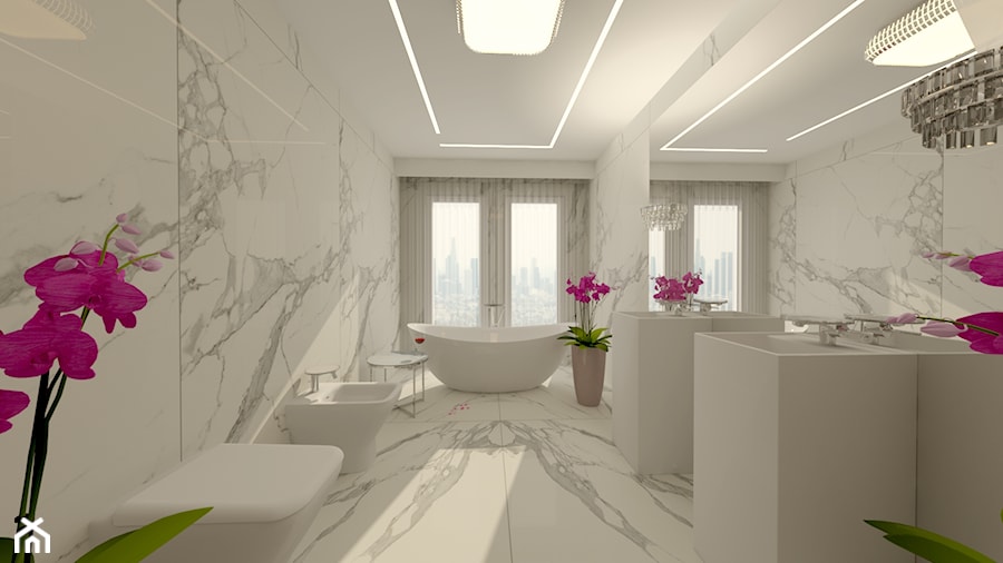 Pokój Kąpielowy - Duża z lustrem z dwoma umywalkami z marmurową podłogą łazienka z oknem, styl nowoczesny - zdjęcie od DESIGNYOURHOME