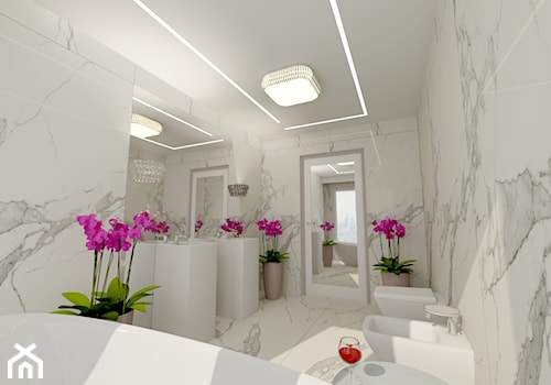 Pokój Kąpielowy - Średnia z lustrem z dwoma umywalkami z marmurową podłogą łazienka z oknem, styl nowoczesny - zdjęcie od DESIGNYOURHOME