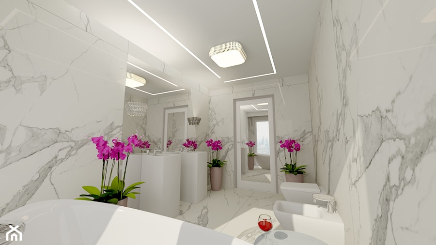 Pokój Kąpielowy - Średnia z lustrem z dwoma umywalkami z marmurową podłogą łazienka z oknem, styl nowoczesny - zdjęcie od DESIGNYOURHOME