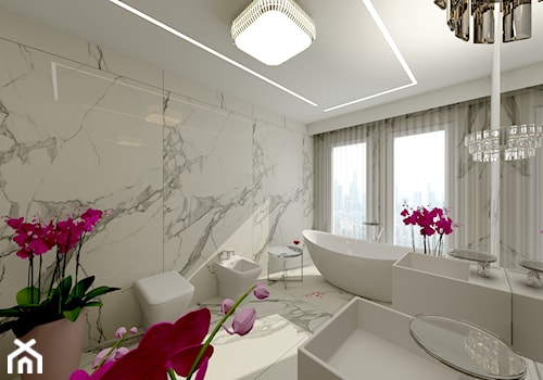 Pokój Kąpielowy - Duża z lustrem z dwoma umywalkami z marmurową podłogą łazienka z oknem, styl nowoczesny - zdjęcie od DESIGNYOURHOME