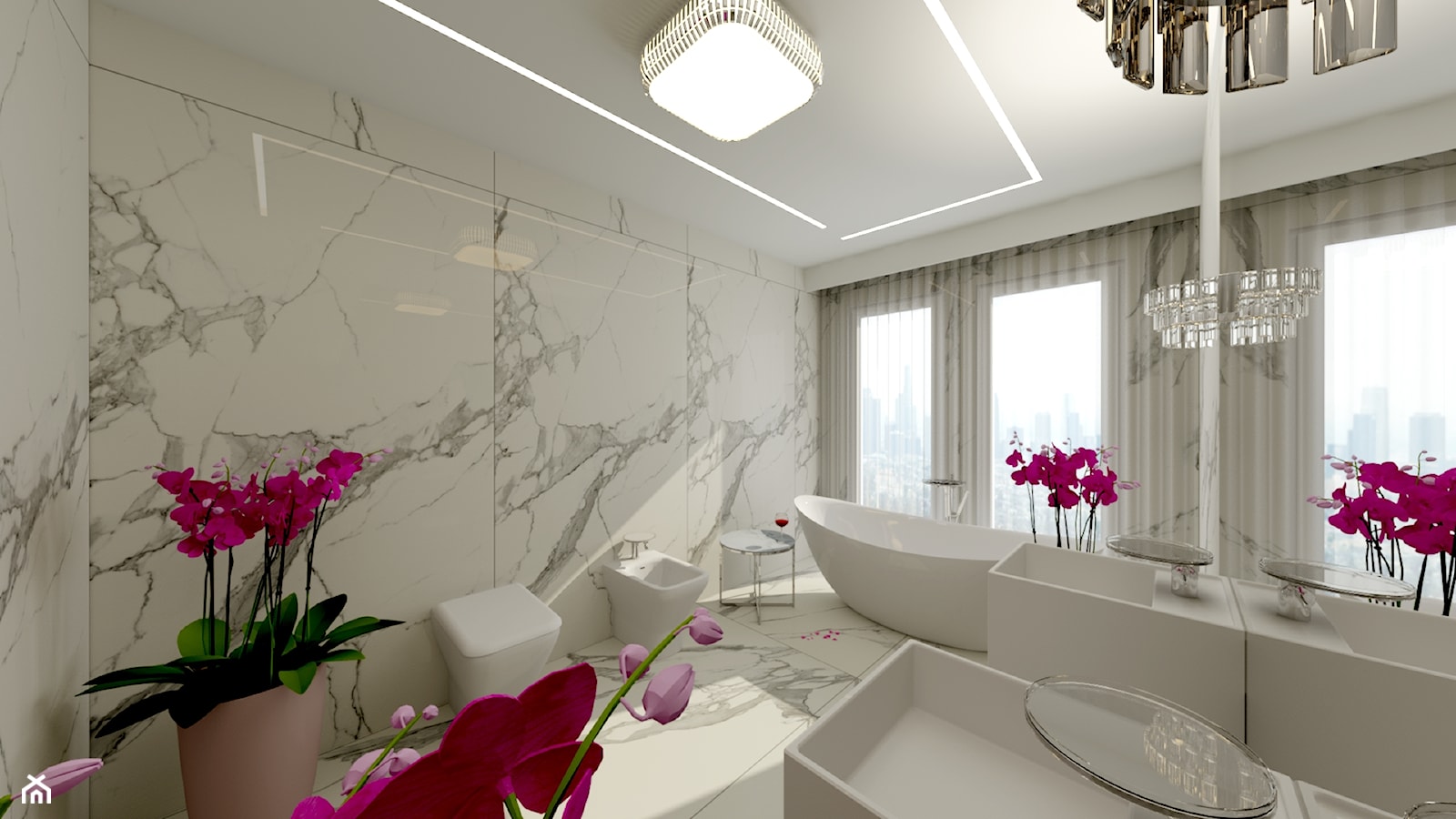 Pokój Kąpielowy - Duża z lustrem z dwoma umywalkami z marmurową podłogą łazienka z oknem, styl nowoczesny - zdjęcie od DESIGNYOURHOME - Homebook