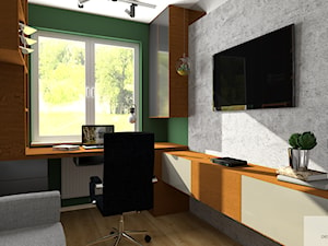 Domowe Biuro - Średnie w osobnym pomieszczeniu z sofą z zabudowanym biurkiem białe szare zielone biuro, styl nowoczesny - zdjęcie od DESIGNYOURHOME